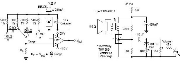 Linear ohmmeter circuit, 400 MW phono amplifier circuit simple